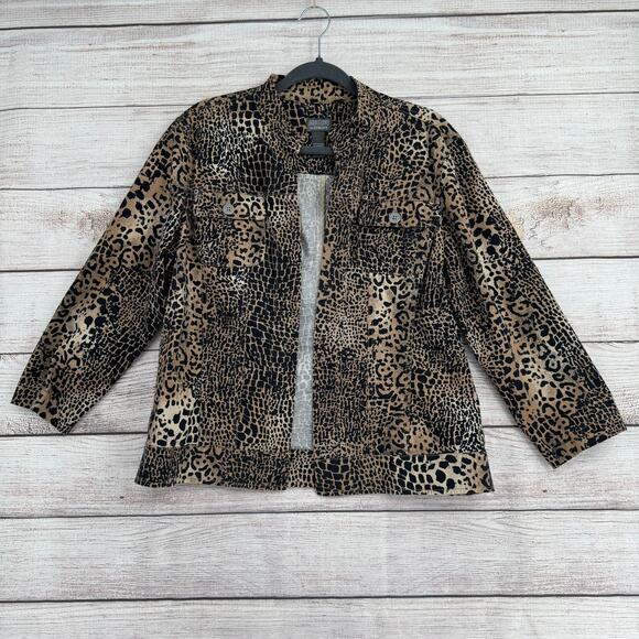 Additions by Chicos Animal Print Open Front Jacket Womens 2/12/L Beige Black - Picture 1 of 12